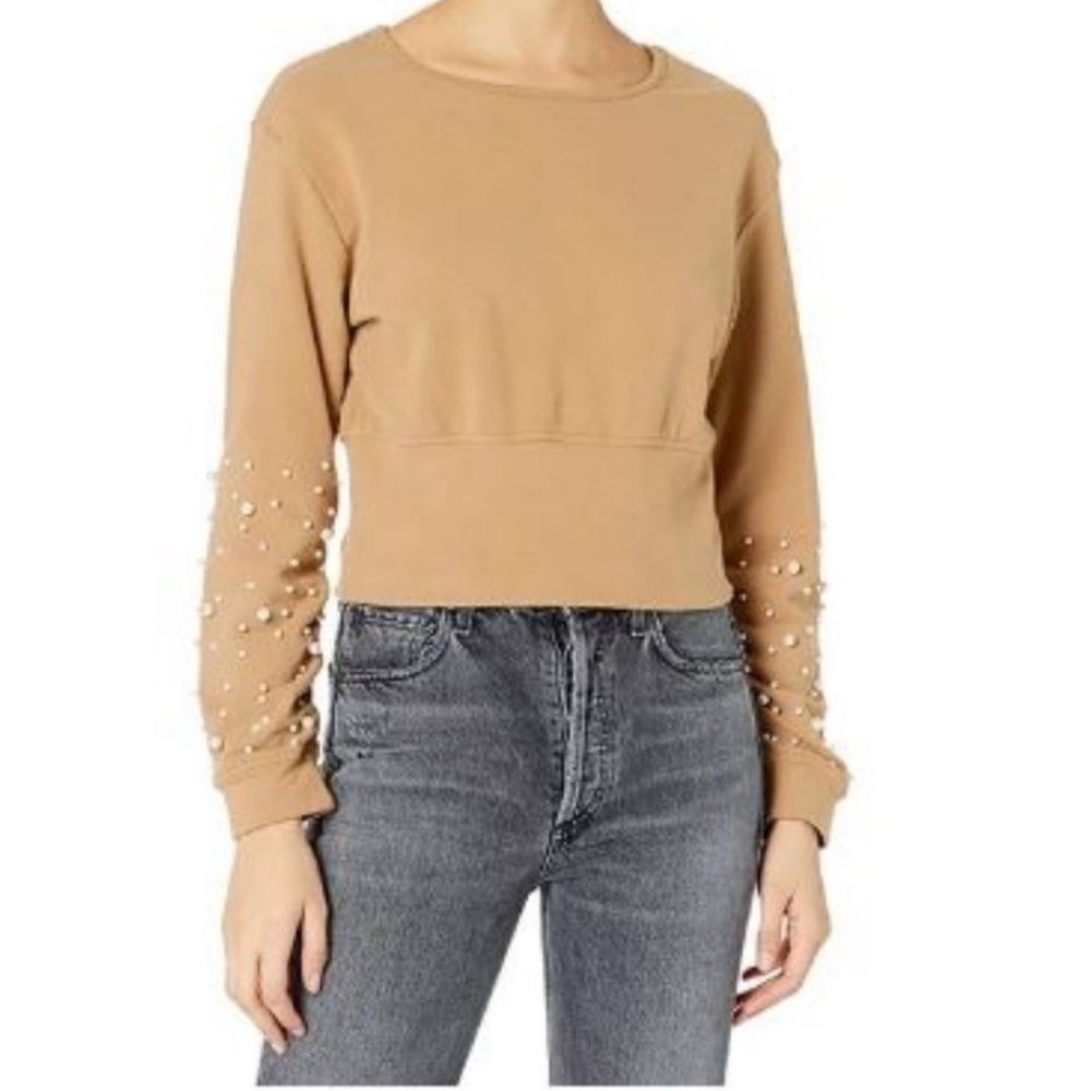 Kendall and Kylie Tan Cropped Sweater with Pearl Embellished Sleeves